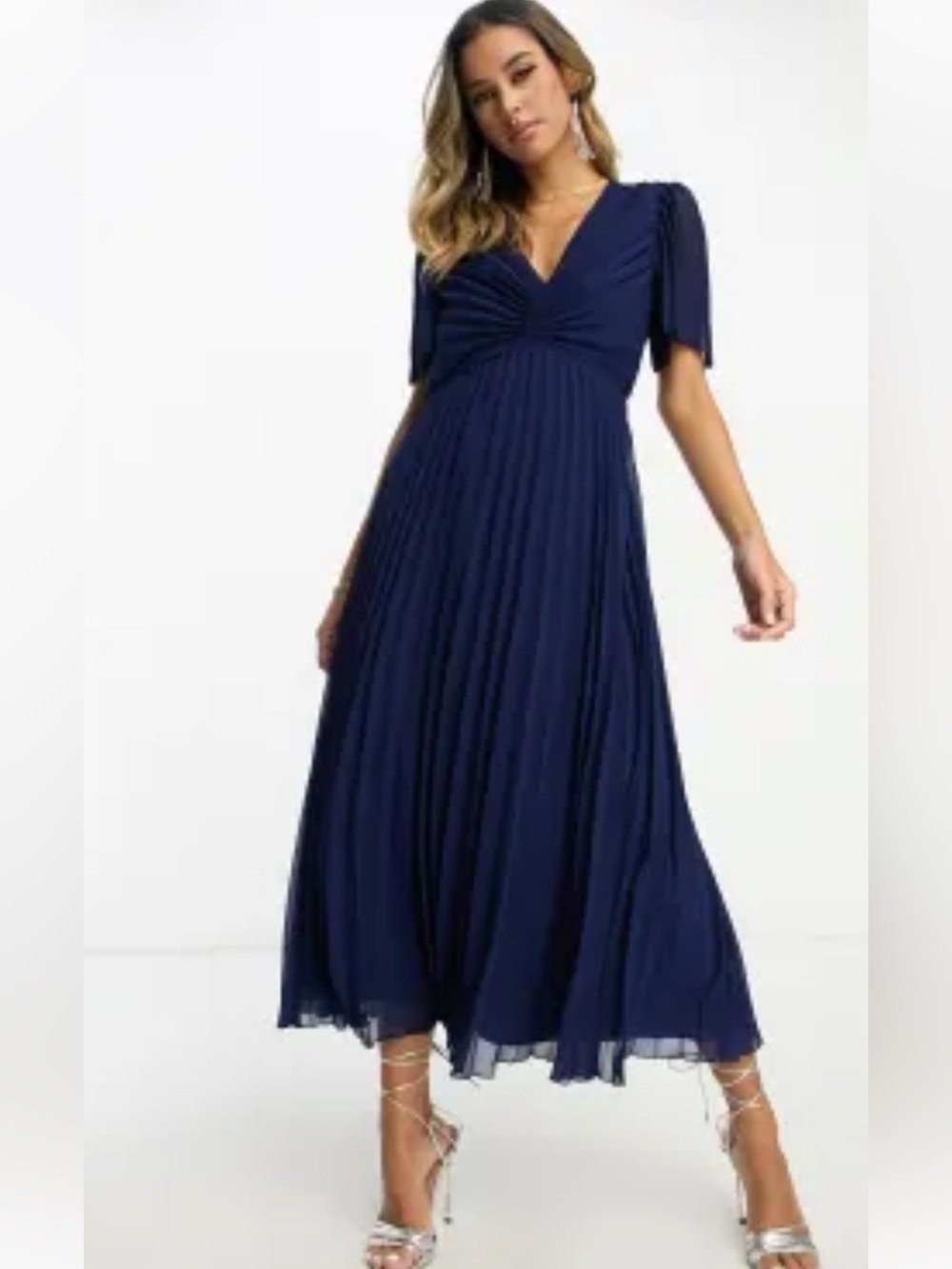 ASOS DESIGN pleated bodice flutter sleeve pleat midi dress Navy Sz 14